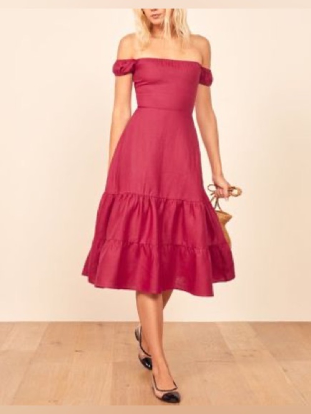 Reformation Toulouse Off-Shoulder Pink Midi Dress, rhubarb color